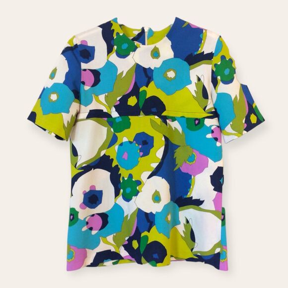 60s Mod Print Top Blue Green Short Sleeve Vintage S - Picture 1 of 4